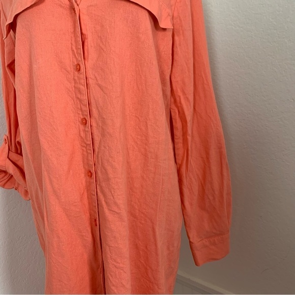 Calvin Klein Linen Blend Shirt Dress Women’s 10 Coral Roll Tab Sleeves Buttons - Picture 13 of 16